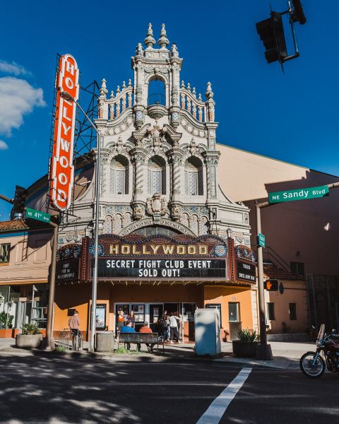 A historic movie theater with an ornate facade