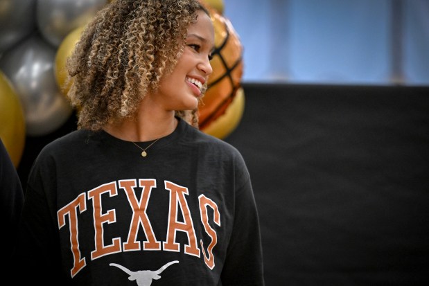 THORNTON , CO - NOVEMBER 19: Bri Crittendon smiles during an announcement that the basketball star will attend the University of Texas at Riverdale Ridge High School in Thornton, Colorado on Wednesday, November 19, 2025. (Photo by AAron Ontiveroz/The Denver Post)