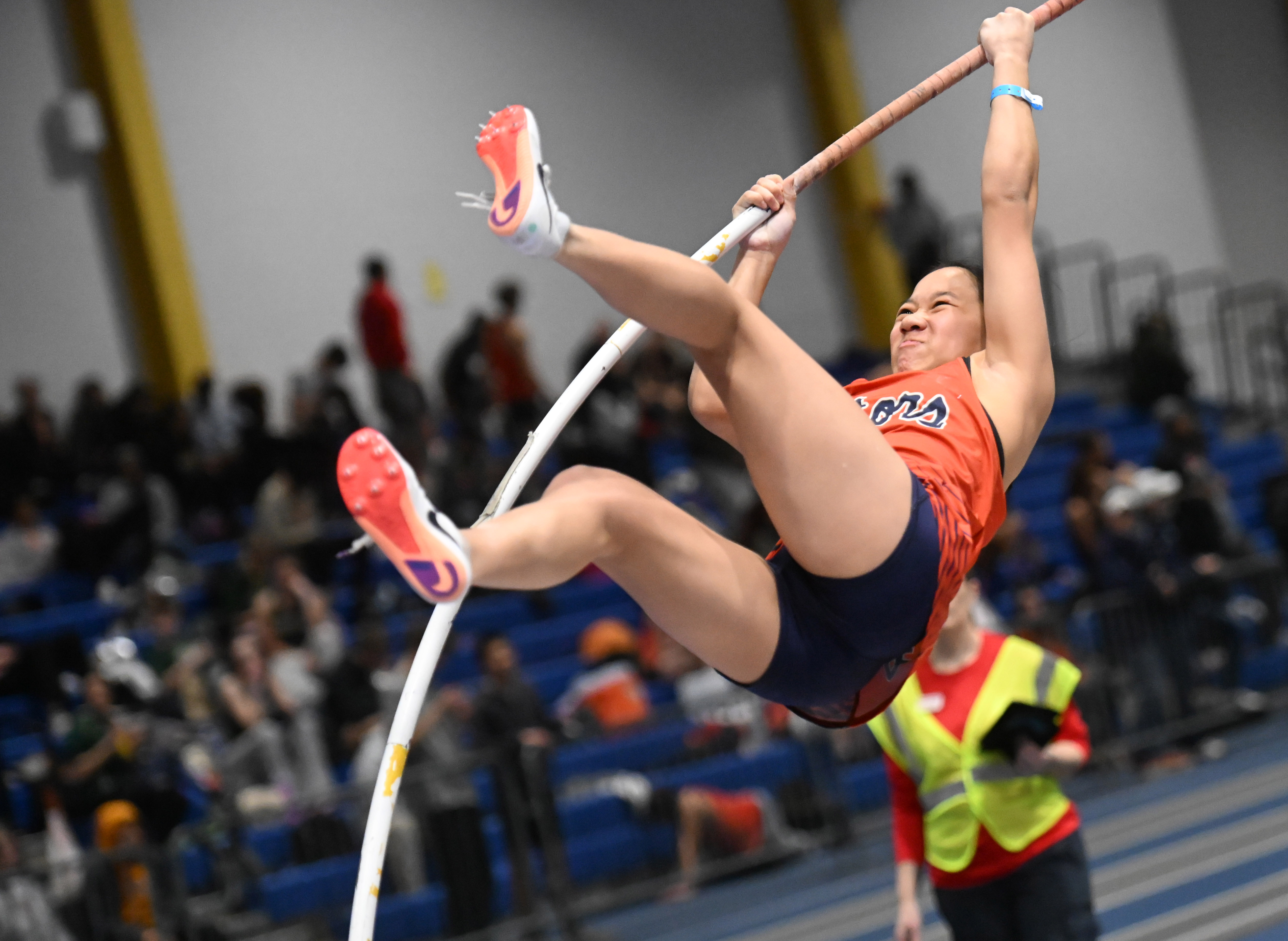 Reservoir's Shea O'Brien competes in the 3A girls pole vault during the track and field state championships at Prince Georges' Sports Complex on Wednesday. (Brian Krista/Staff)