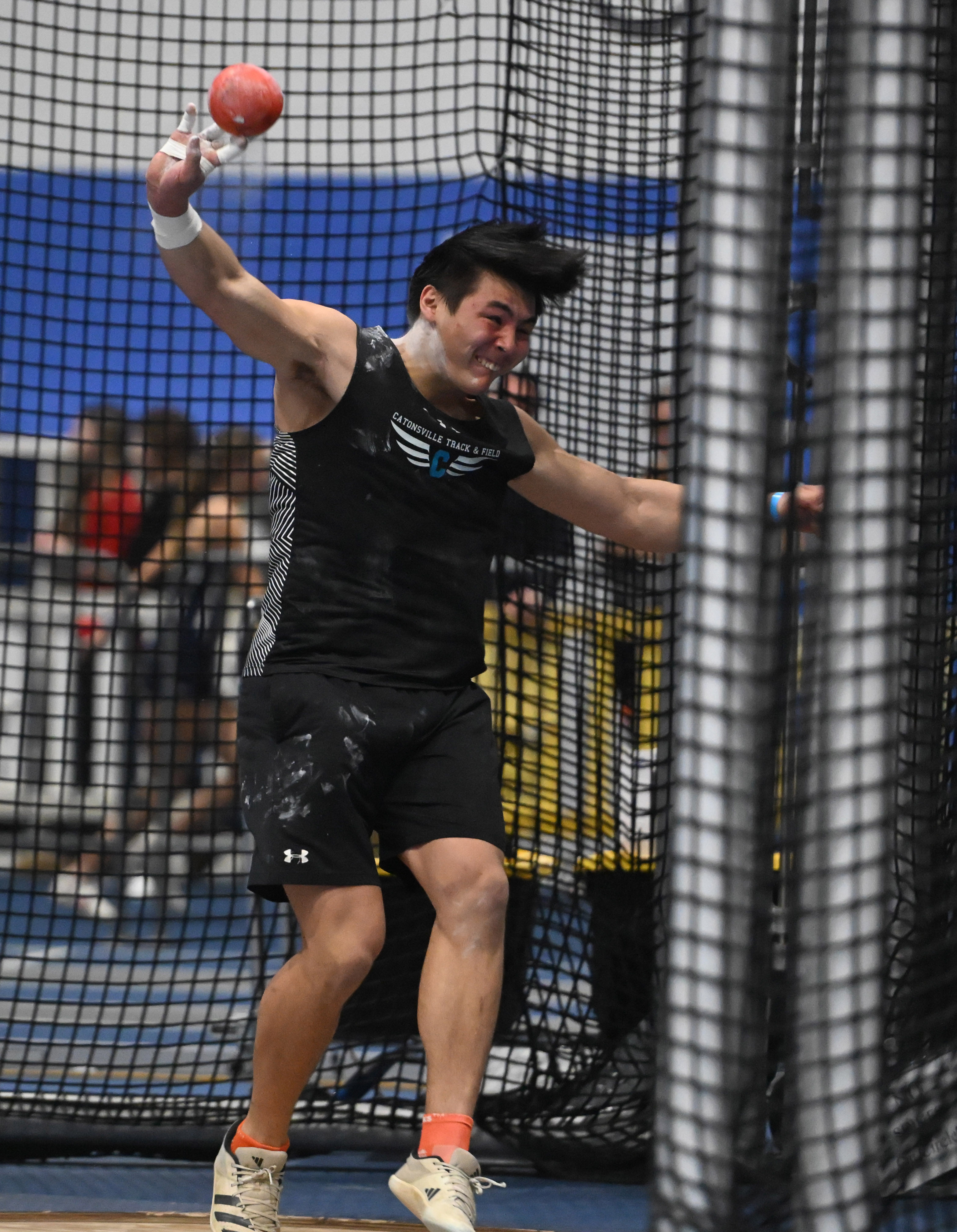 Catonsville's John Jachens competes in the 3A boys shot put during the track and field state championships at Prince Georges' Sports Complex on Wednesday. (Brian Krista/Staff)