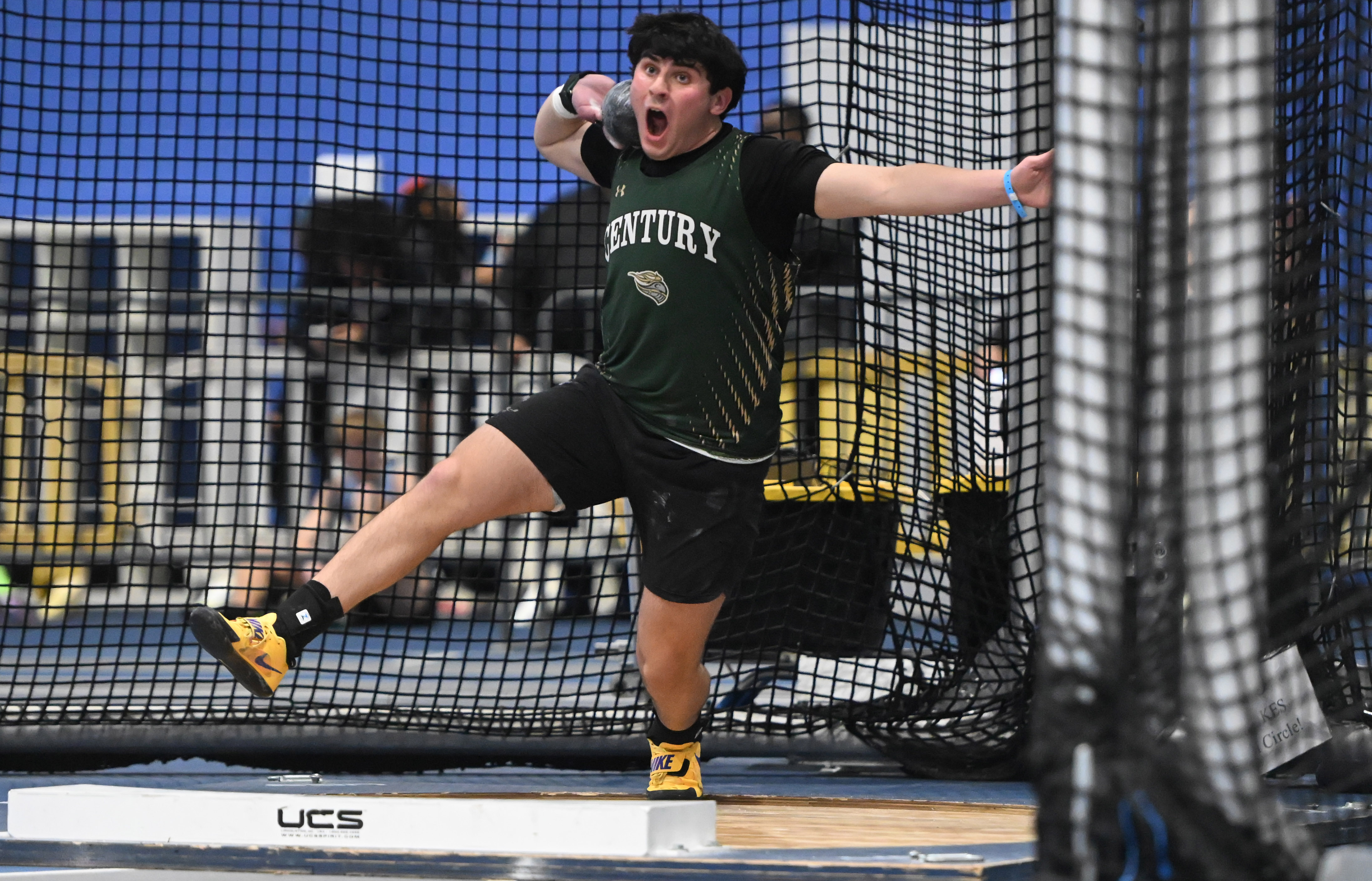 Century's Braeden Dushkin competes in the 2A boys shot put during the track and field state championships at Prince Georges' Sports Complex on Wednesday. (Brian Krista/Staff)