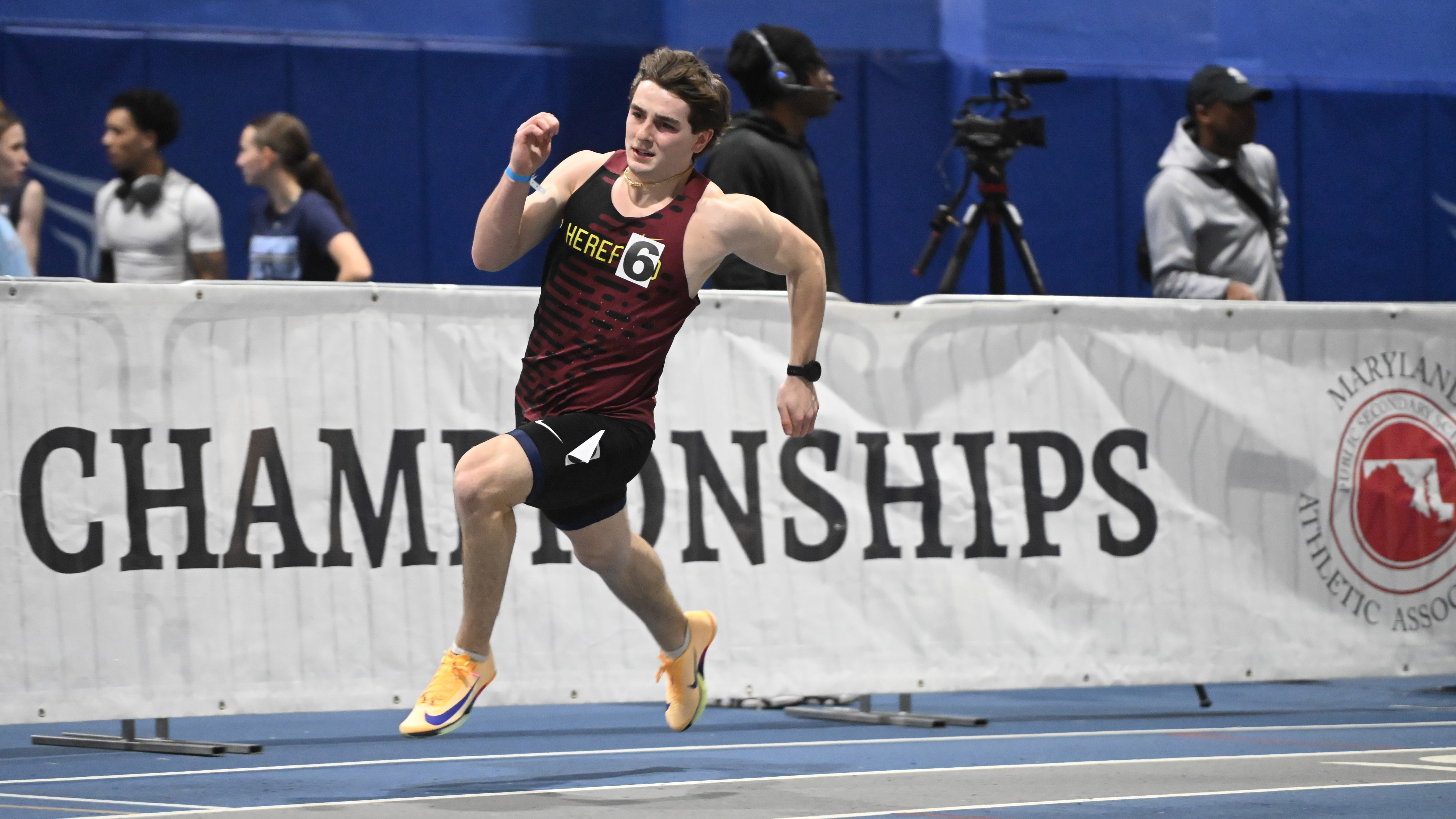 Hereford's Ben Wheeler competes in the 2A boys 300 meter run during the track and field state championships at Prince Georges' Sports Complex on Wednesday. (Brian Krista/Staff)