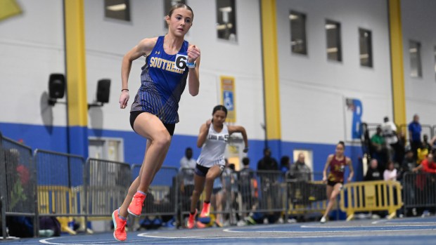 Southern's Katherine DiPietro competes in the 2A girls 300 meter run during the track and field state championships at Prince Georges' Sports Complex on Wednesday. (Brian Krista/Staff)