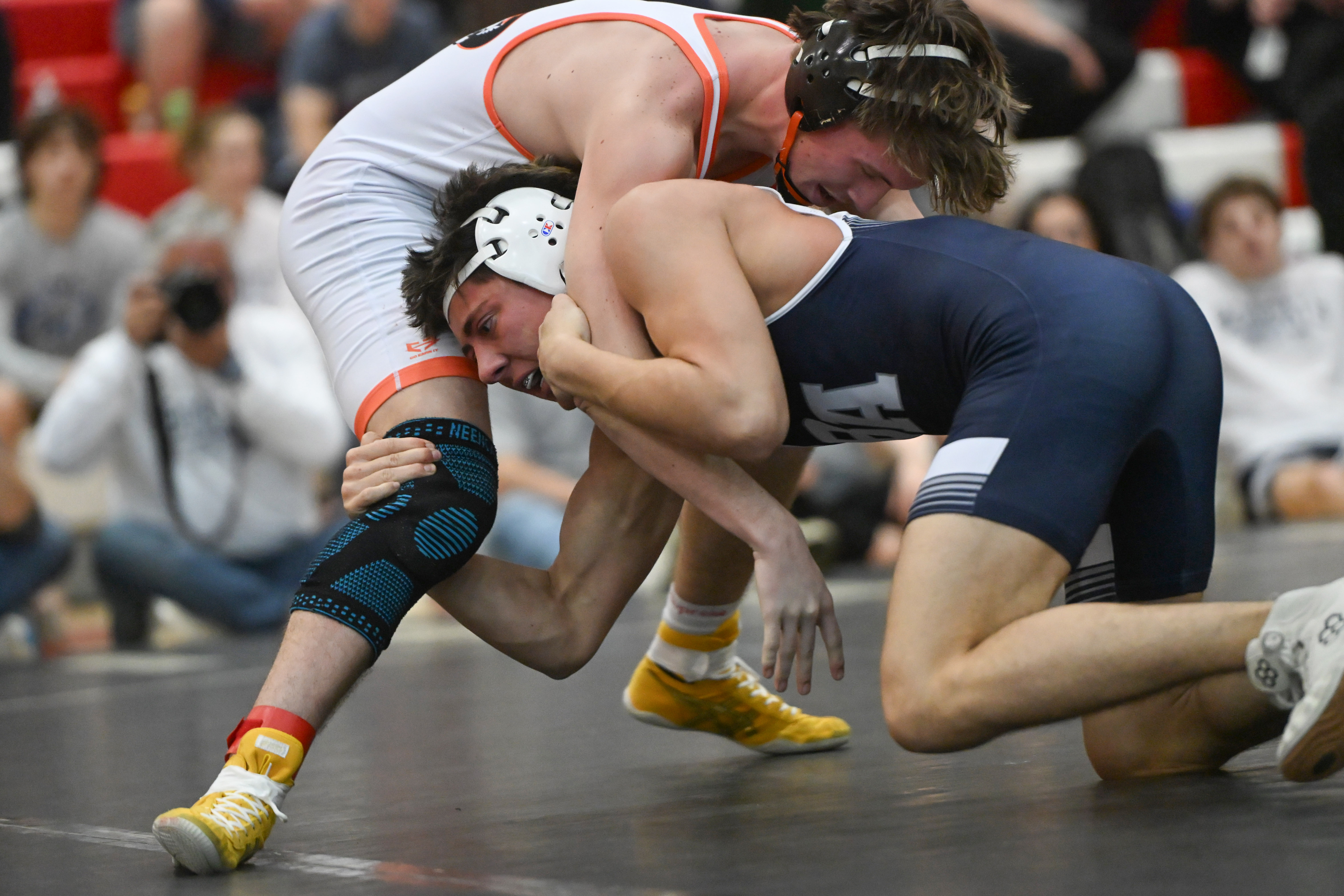 Bel Air's Andrew Montalvo, right, battles with Rising Sun's Austin Horn in the 150 pound final during the UCBAC wrestling championships at Edgewood High School on Saturday. (Brian Krista/Staff)