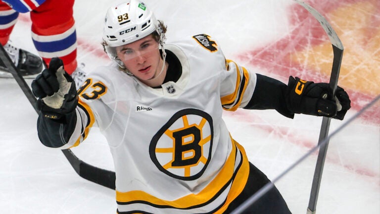 Boston Bruins Fraser Minten #93 reacts after scoring the game tying goal against the Montreal Canadians during third period NHL action at TD Garden on January 24, 2026.