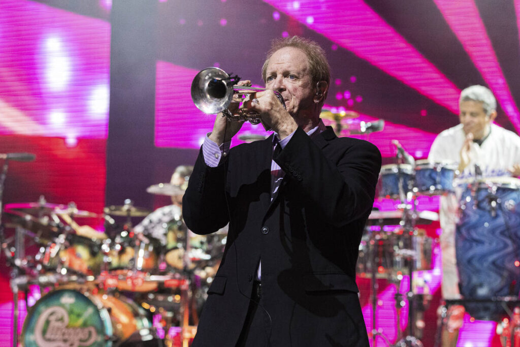 Lee Loughnane, of Chicago, performs on Saturday, Aug 19, 2023, at The Greek Theatre in Los Ange ...