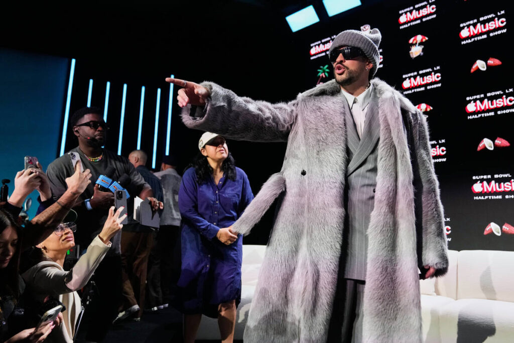 Apple Music Super Bowl LX Halftime Show performer Bad Bunny departs after a news conference, Th ...