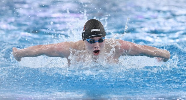 Marmian's Brayden Capen won the 200 Yard IM, with a time of 1:45.77 during Saturday's IHSA boys swimming state meet, February 28, 2026. (Brian O'Mahoney for the Chicago Tribune)