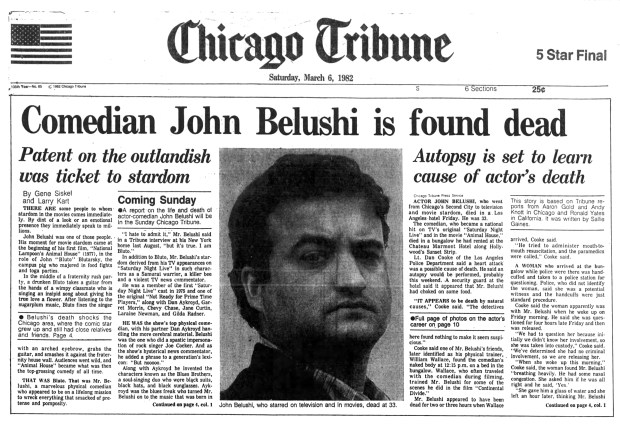 Actor and Chicago native John Belushi was discovered dead on March 5, 1982, at the Chateau Marmont in Los Angeles. (Chicago Tribune)