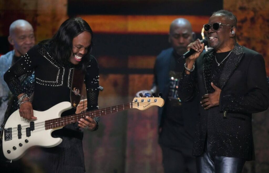 Verdine White, left, and Philip Bailey of Earth, Wind & Fire perform during the FireAid benefit ...