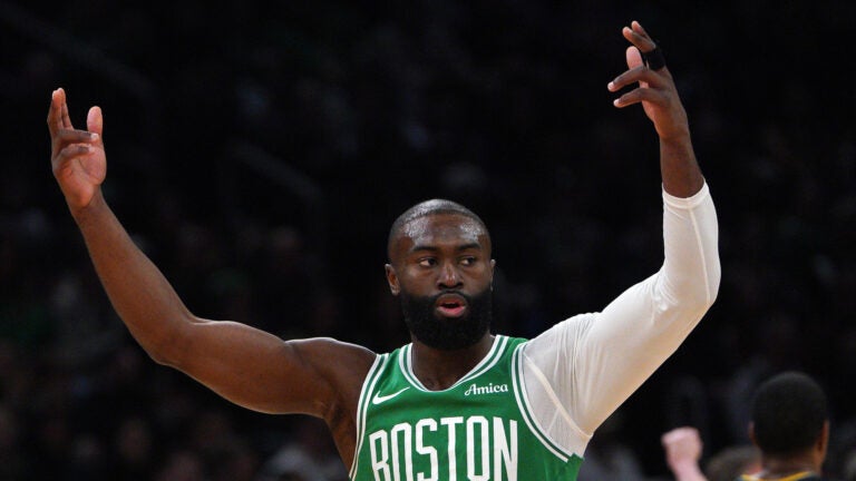 Boston Celtics guard Jaylen Brown (7) reacts after draining a three during the 1st quarter. The Boston Celtics hosted the Golden State Warriors Wednesday, March 18, 2026 at TD Garden in Boston, MA.