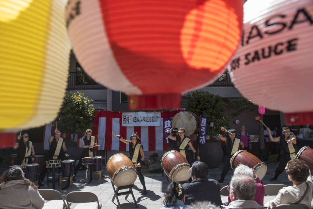 Traditional Japanese art drums ensemble Korabo Taiko performs during a Japanese Spring Festival ...