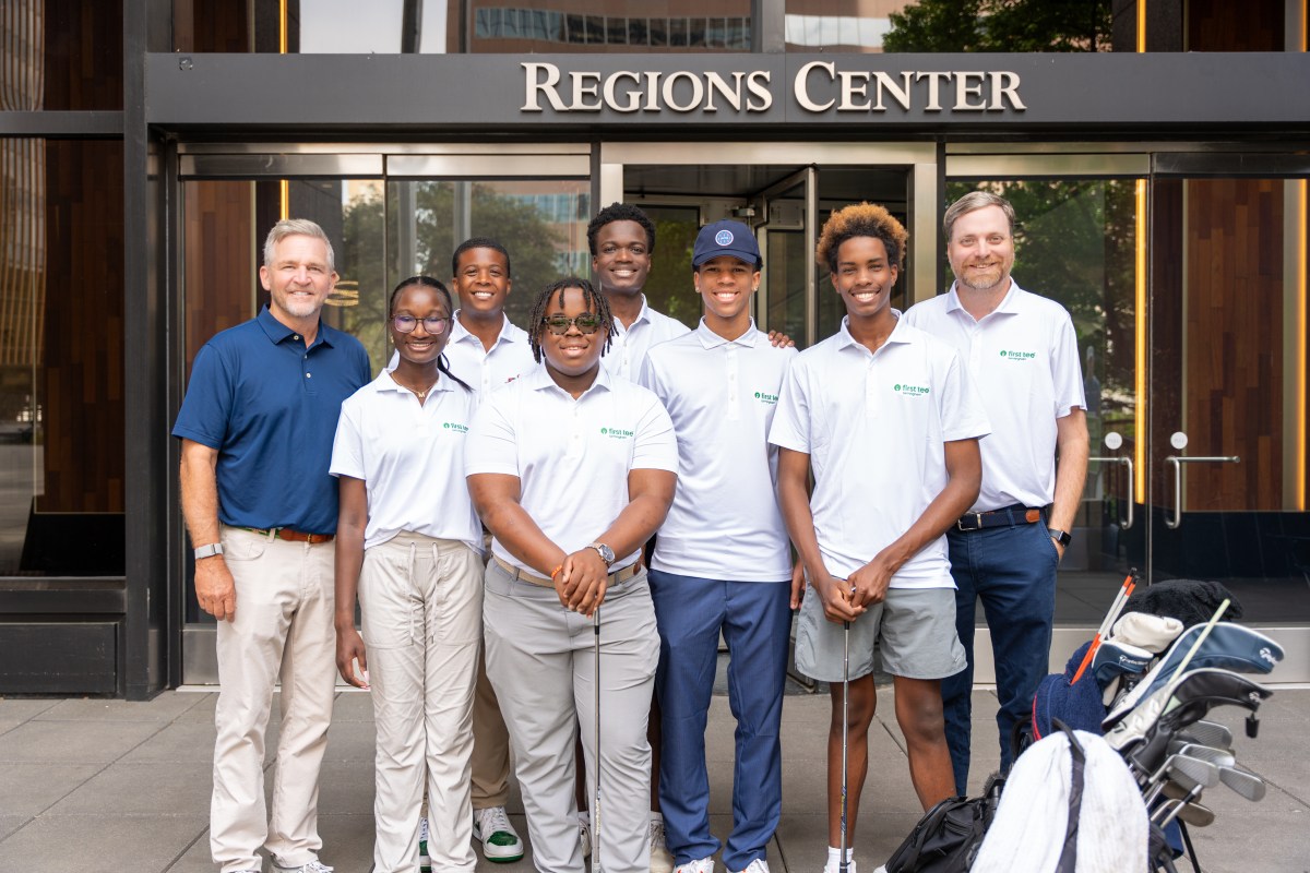 Participants from First Tee-Birmingham help mark the opening of the 2026 Regions Tradition season