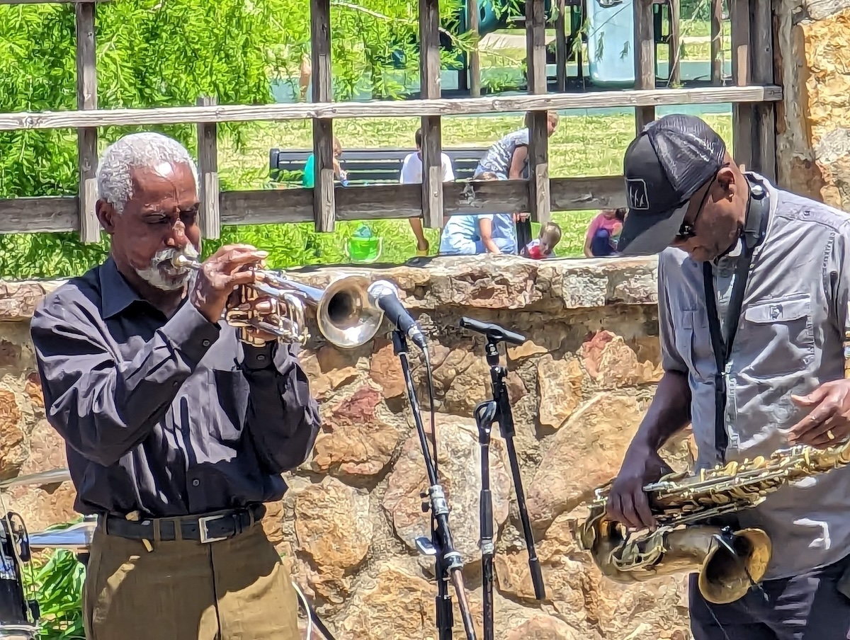 Two musicians playing instruments at the Birmingham Folk Festival at Avondale Park in Birmingham, Alabama