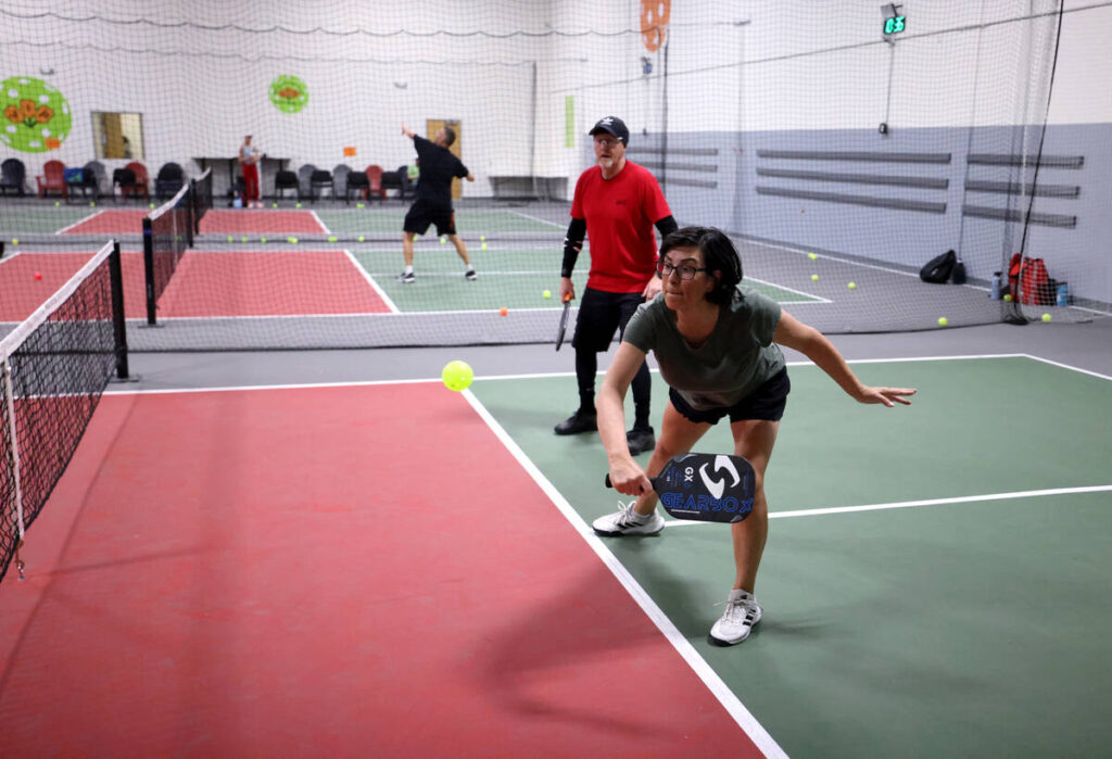 Laura Jaget, a senior pro player, competes with Ken Stone at Vegas Indoor Pickleball at 7575 W. ...