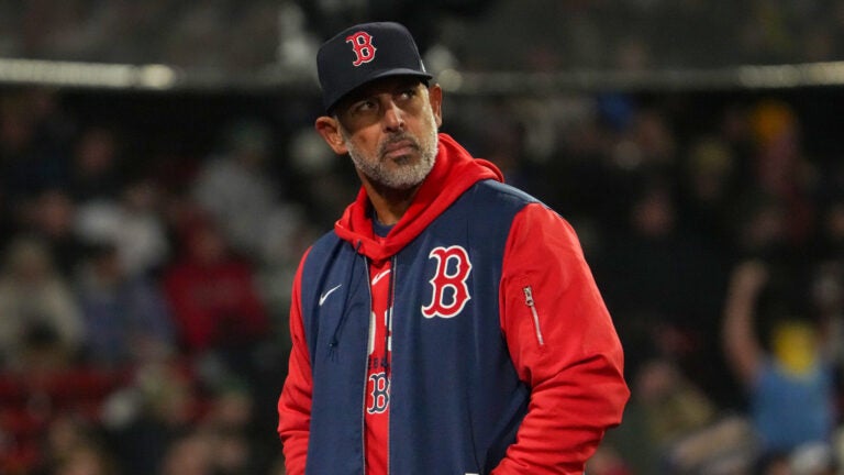 Boston Red Sox Manager Alex Cora during the 6th inning). The Boston Red Sox host the Milwaukee Brewers on Tuesday, April 7, 2026 at Fenway Park in Boston, MA.