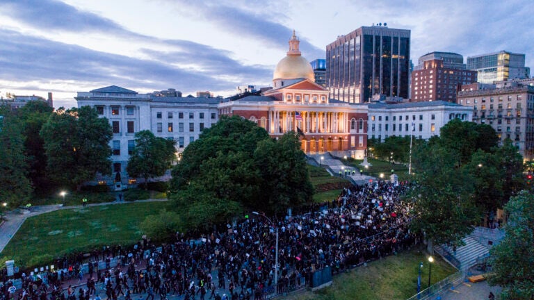 Demonstrators rally outside the Massachusetts State House during the May 31, 2020 protest that prompted the lawsuit.