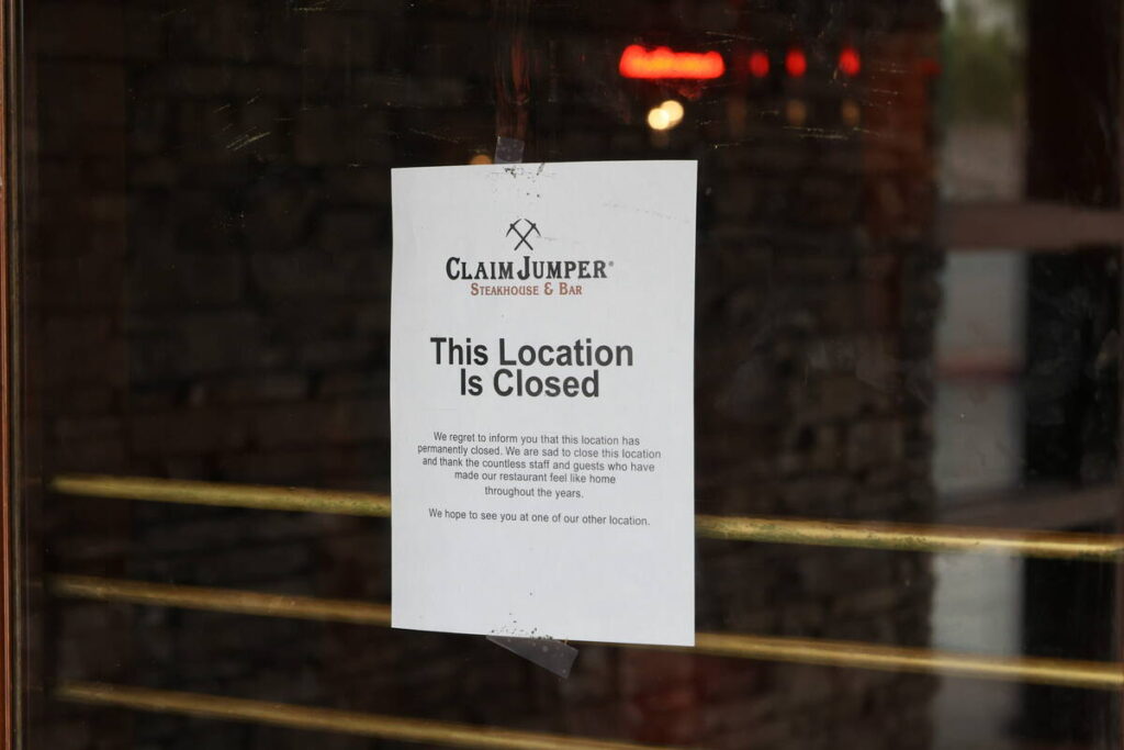 A sign was posted on Claim Jumper at 601 N. Green Valley Parkway in Henderson, Nevada, on April ...