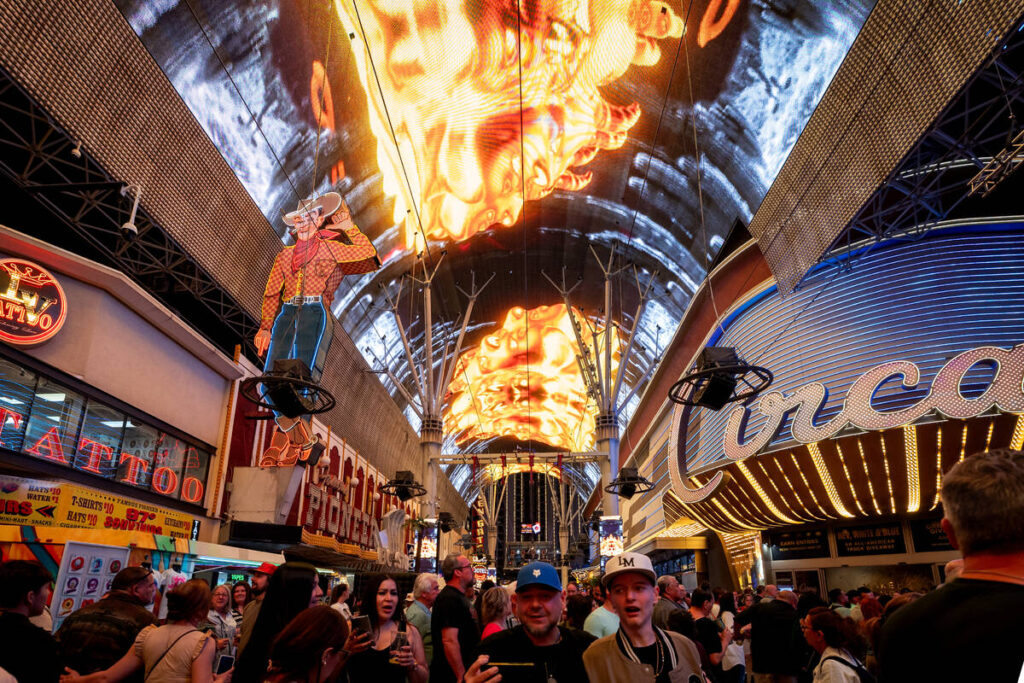 A shot of the frivolity at "90s House Party" at The Canopy at Fremont Street Experience on Satu ...