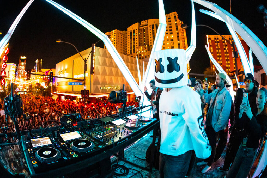 DJ star Marshmello performs at Feed the Block on Fremont East in Las Vegas, Nevada, on April 2, ...