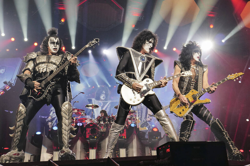 Gene Simmons, left, Tommy Thayer and Paul Stanley of KISS perform during the final night of the ...