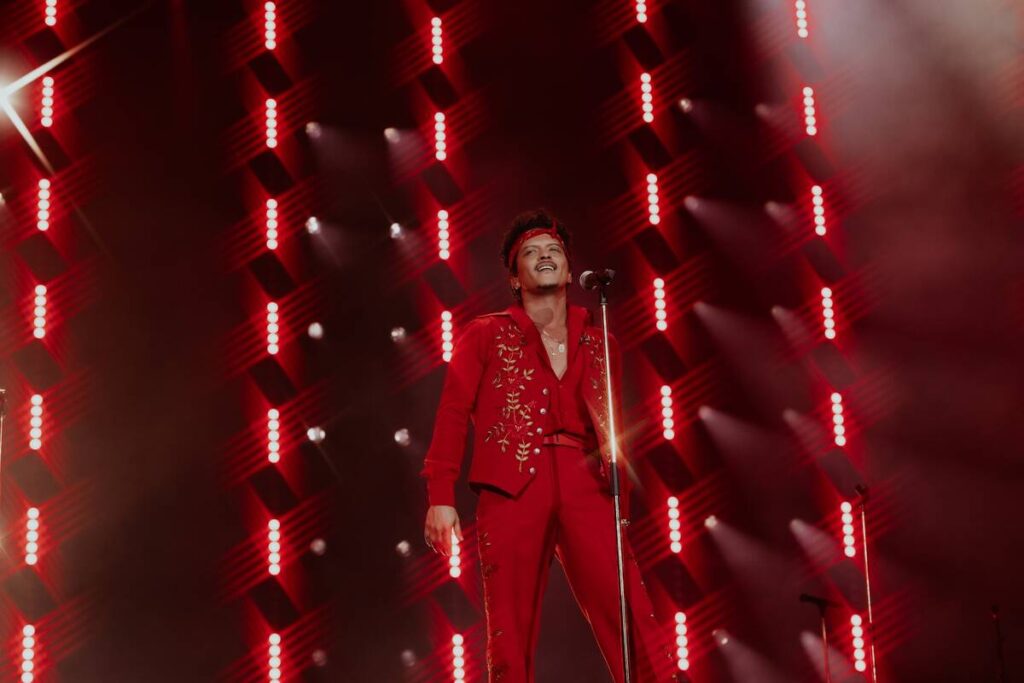 Bruno Mars is shown on opening night of "The Romantic" tour at Allegiant Stadium on Friday, Apr ...