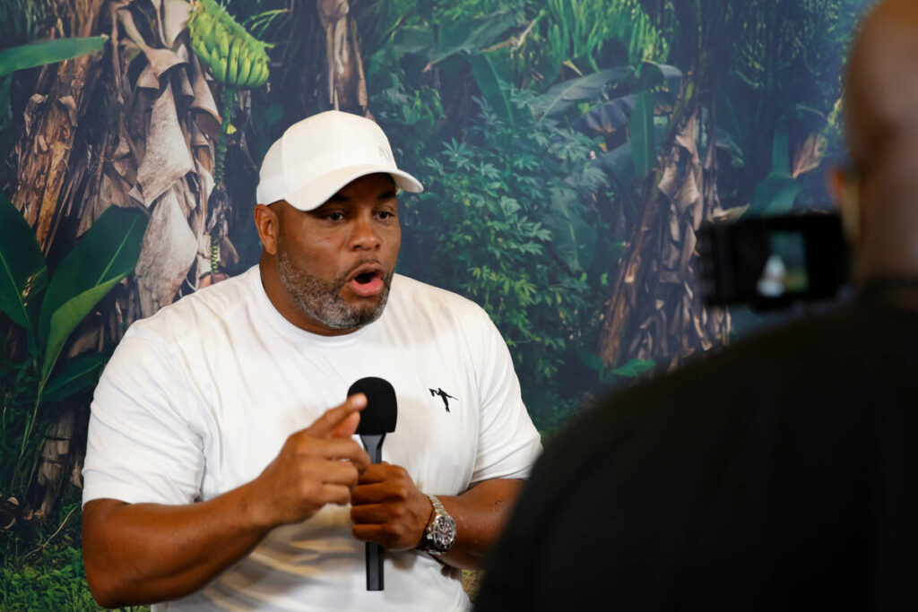 Former UFC Champion Daniel Cormier is interviewed on the NFL International set in San Francsico ...