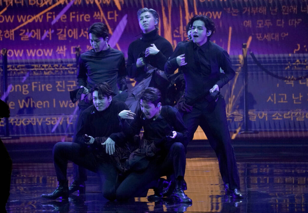 BTS performs "Butter" at the 64th Annual Grammy Awards on Sunday, April 3, 2022, in L ...
