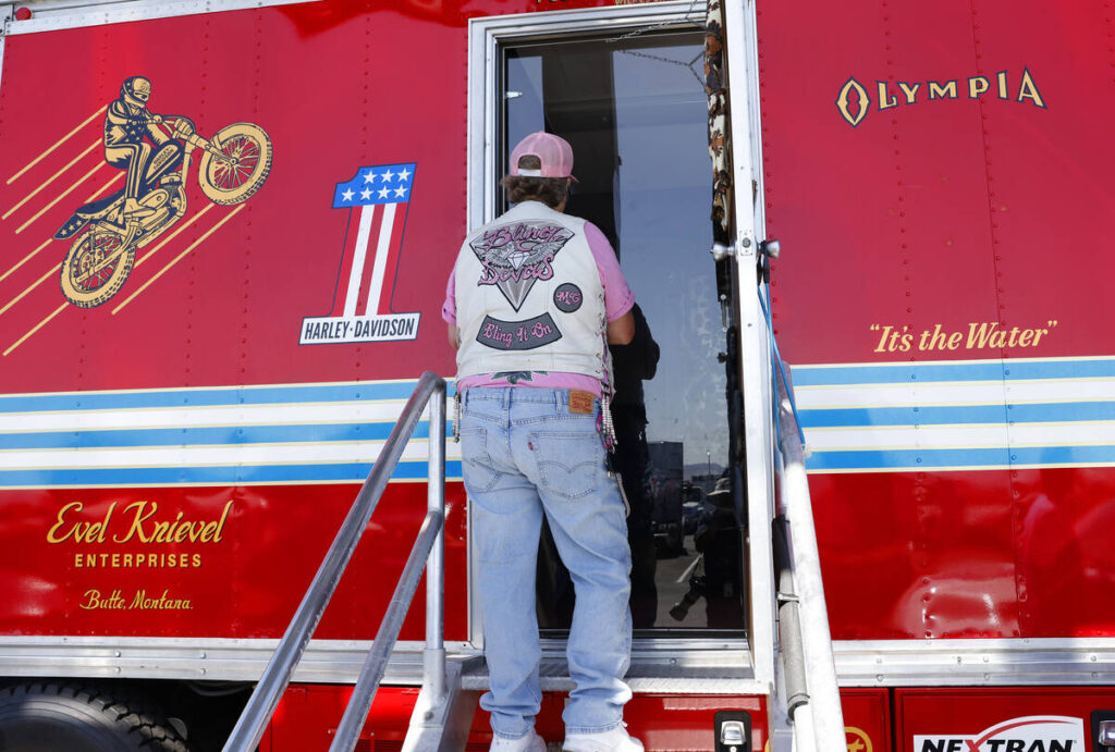 Tri-Tip Brown, a member of the Bling Devas MC, a Las Vegas-based all-female motorcycle club ded ...
