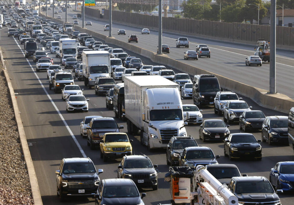 Heavy traffic is seen near Cheyanne Avenue on Interstate 15 southbound after the Electric Daisy ...
