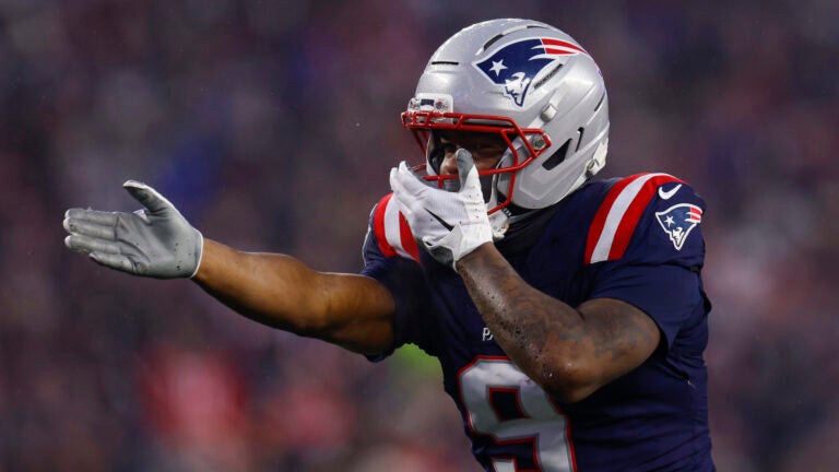 New England Patriots wide receiver Kayshon Boutte (9) gestures after a long reception. The New England Patriots played the Houston Texans in the NFL divisional round playoff game at Gillette Stadium on January 18, 2026.