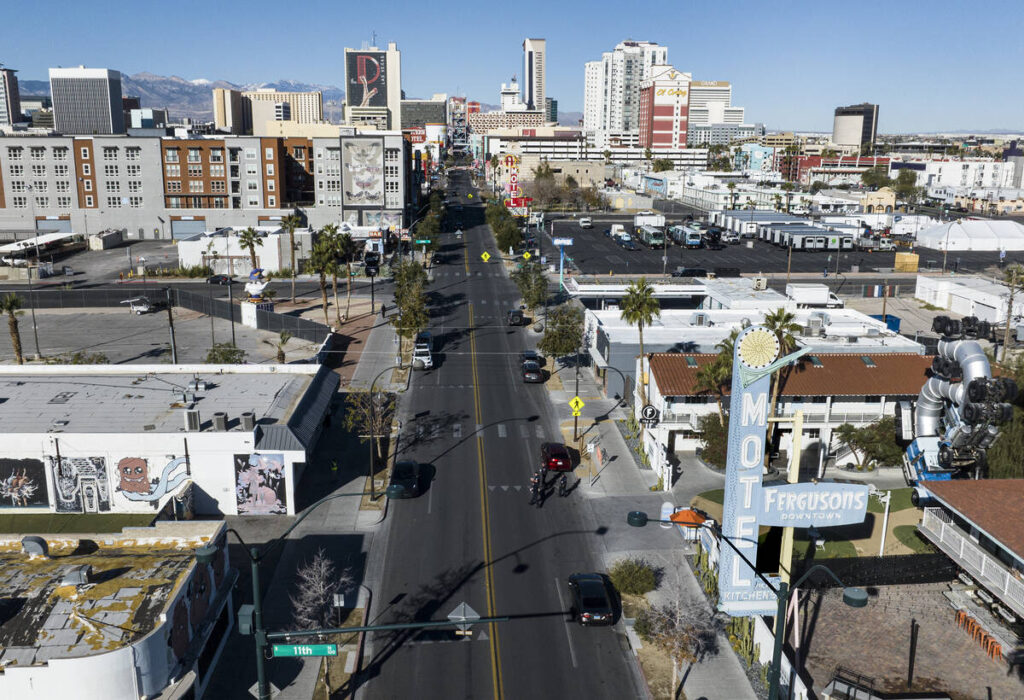 Ferguson Motel, right, on Fremont Street in Downtown Las Vegas is seen on Friday, Jan. 16, 2026 ...