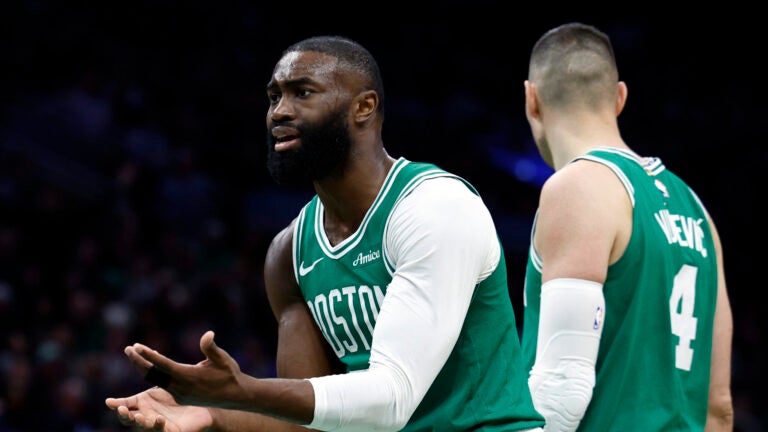 Boston Celtics guard Jaylen Brown (7) argues a call during the second quarter. The Boston Celtics hosted the Philadelphia 76’ers in Game 2 of the first round of the NBA Playoffs on Tuesday, April 21, 2026 at TD Garden in Boston, MA.