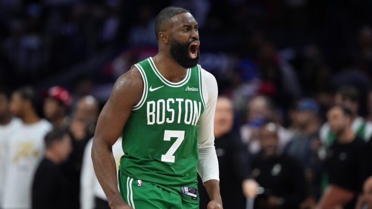 Boston Celtics' Jaylen Brown reacts during the second half of Game 3 against the Philadelphia 76ers in a first-round NBA playoffs basketball series Friday, April 24, 2026, in Philadelphia.