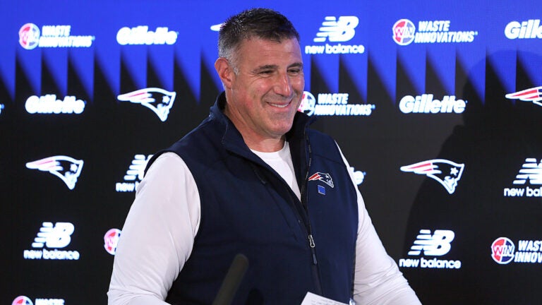 NE Patriots coacxh Mike Vrabelspoke tot the media before the New England Patriots held OTA’s at their practice field.