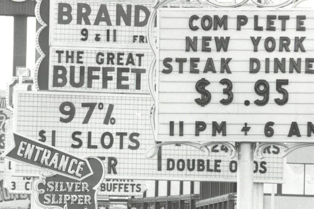 Signs along the Las Vegas Strip "show that Las Vegas is still a bargain," claims the original c ...