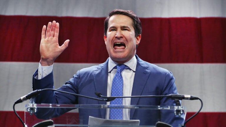 Rep. Seth Moulton speaks to delegates May 30 from the stage at the Massachusetts State Democrats Convention.