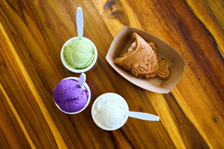 Genmaicha, Ube, and Coconut ice creams at Sugar Koi in Cary. Photo by Matt Ramey.