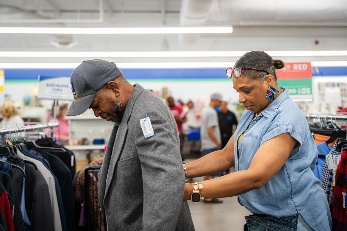 See thrifted looks strut the runway + support a great cause—Aug. 26 6 two people shopping clothes at Alabama Goodwill in Birmingham