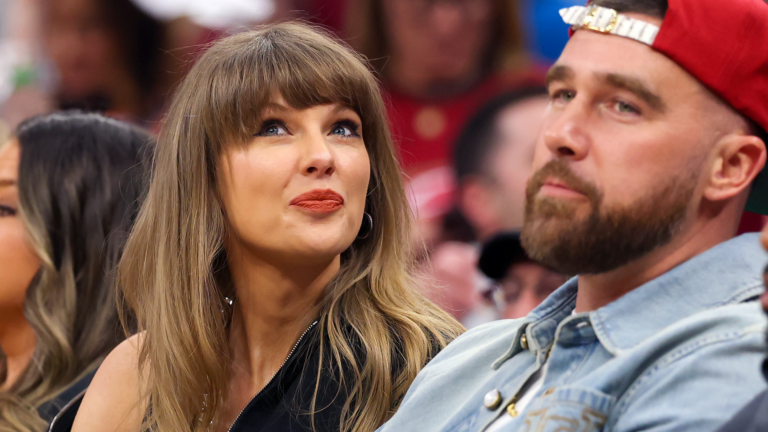 Singer Taylor Swift and Travis Kelce of the Kansas City Chiefs attend Game Three between the New York Knicks and the Cleveland Cavaliers in the NBA Eastern Conference Finals at Rocket Arena on May 23, 2026 in Cleveland, Ohio.
