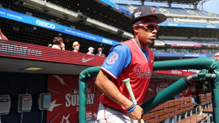 PHILADELPHIA, PENNSYLVANIA - JULY 12: Franklin Arias #19 of the Boston Red Sox on the American League Team warms up at Citizens Bank Park on July 12, 2026 in Philadelphia, Pennsylvania.