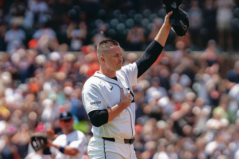 RICK OSENTOSKI / IMAGN IMAGES
                                Tigers starting pitcher Tarik Skubal tipped his hat to the fans at Comerica Park in Detroit on Wednesday. Late Saturday, the two-time AL Cy Young winner was traded to the two-time World Series champion Los Angeles Dodgers.