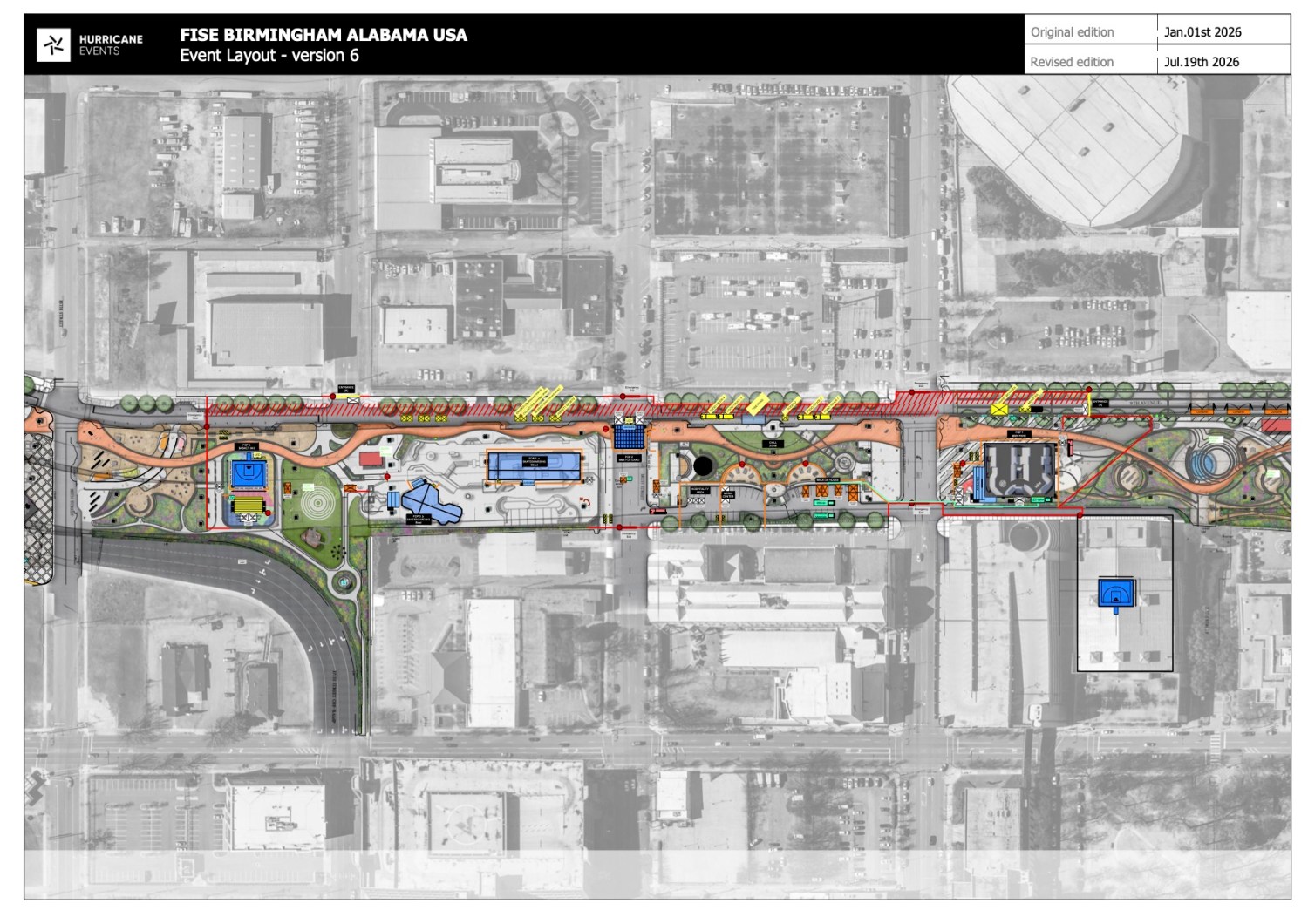 Everything you need to know about FISE in Birmingham Aug 7-9: world-class sports, live music + more 2 FISE Birmingham Alabama USA event layout map, version 6, revised July 19th 2026, showing venue zones along a corridor in Birmingham