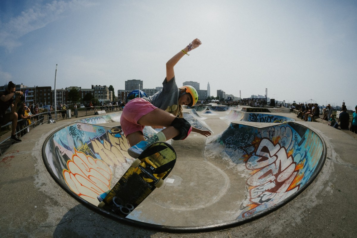 22 weekend events including the FISE World Series at City Walk Bham (Aug. 7-9) 2 Skateboarder in a helmet and pink shorts performs a trick on the lip of a graffiti-covered concrete bowl at an outdoor skate park