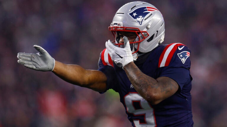 New England Patriots wide receiver Kayshon Boutte (9) gestures after a long reception. The New England Patriots played the Houston Texans in the NFL divisional round playoff game at Gillette Stadium on January 18, 2026.