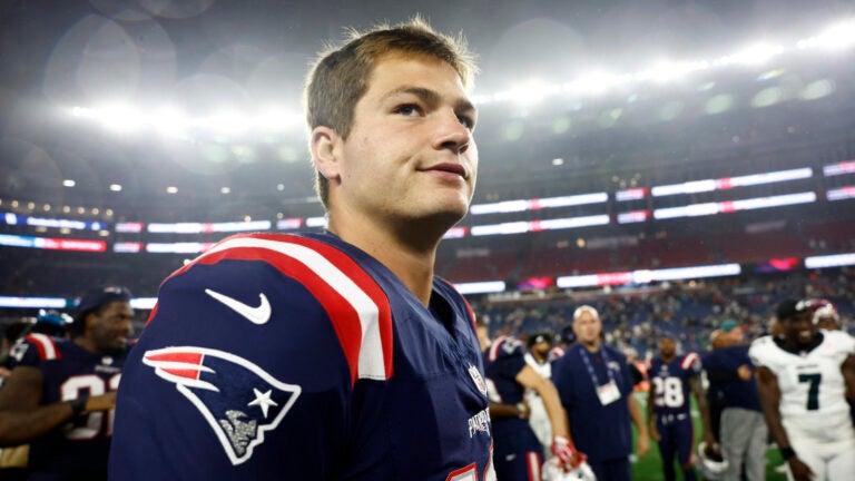 New England Patriots quarterback Drake Maye (10) walks off the field after the game. The New England Patriots played the Philadelphia Eagles during a preseason game at Gillette Stadium on Aug. 22, 2026, in Foxborough.