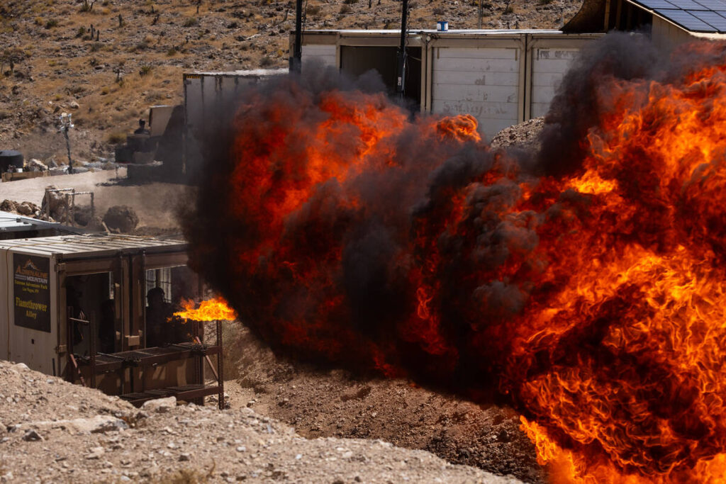 A flamethrower is used at Adrenaline Mountain Extreme Entertainment Complex on Monday, Aug. 3, ...