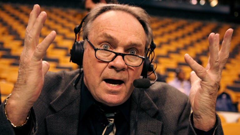 Heinsohn a former Celtics player and coach and currently television commentator always has an opinion of the referee's prior to the game against the New York Knicks at the Fleet Center.