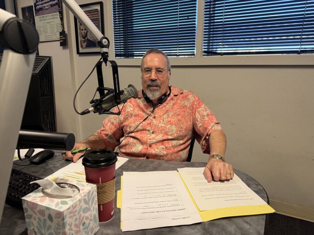 KXNT-840 AM host Alan Stock is shown during his "Vegas at 8" newscast on Friday, July 31, 2026, ...