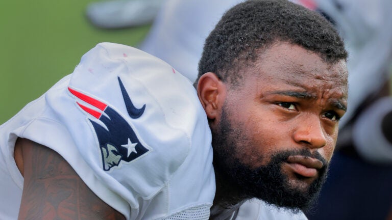 WR Kayshon Boutte stretches at New England Patriots football practice in Foxborough on August 6, 2026.